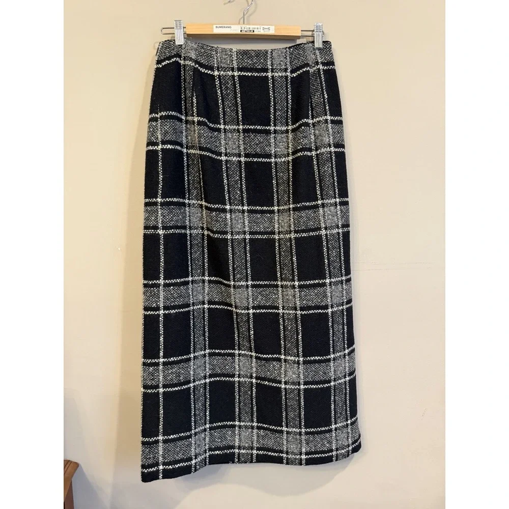 TALBOTS Wool Blend Long Wrap Maxi Skirt Gray Black White Plaid Italian Size 10